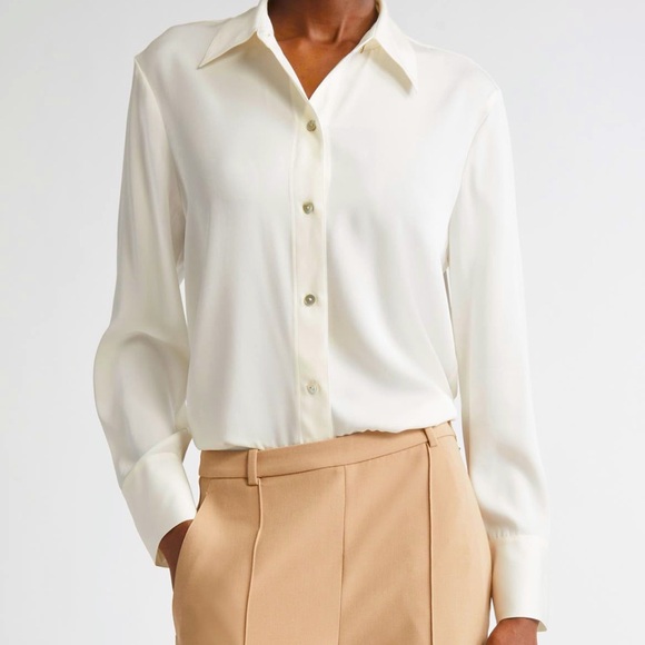 NEW Vince Stretch Silk Button-Up Shirt in Off-White - Picture 1 of 9